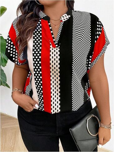 SOLY HUX Women's Plus Size Boho Short Sleeve Blouse V Neck Printed Casual Shirt Tops in Saudi Arabia
