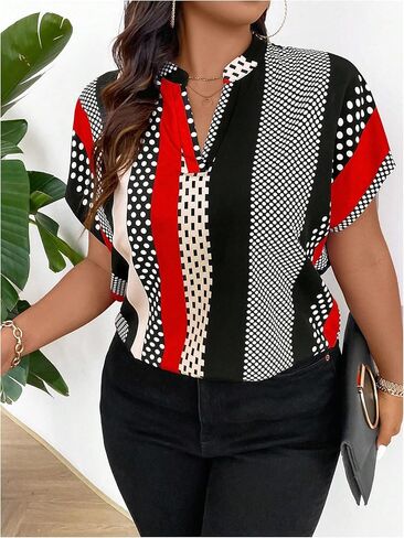 SOLY HUX Women's Plus Size Boho Short Sleeve Blouse V Neck Printed Casual Shirt Tops in Saudi Arabia