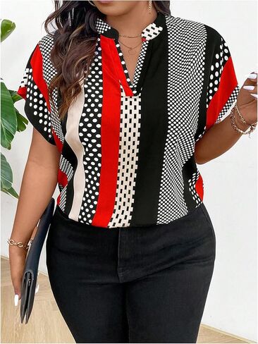 SOLY HUX Women's Plus Size Boho Short Sleeve Blouse V Neck Printed Casual Shirt Tops in Saudi Arabia