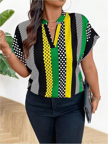SOLY HUX Women's Plus Size Boho Short Sleeve Blouse V Neck Printed Casual Shirt Tops in Saudi Arabia