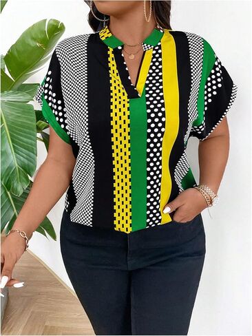 SOLY HUX Women's Plus Size Boho Short Sleeve Blouse V Neck Printed Casual Shirt Tops in Saudi Arabia