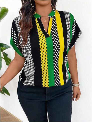 SOLY HUX Women's Plus Size Boho Short Sleeve Blouse V Neck Printed Casual Shirt Tops in Saudi Arabia