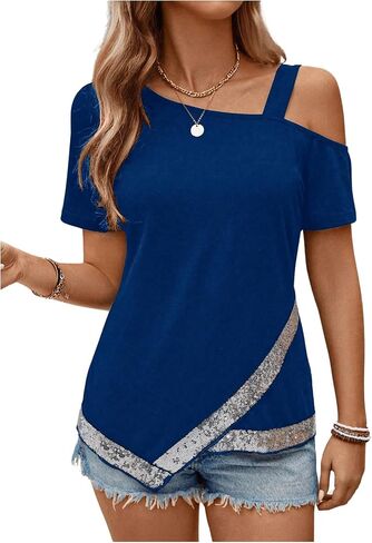 SweatyRocks Women's Glitter Sequin Cut Out Wrap Tee Shirt Short Sleeve Asymmetrical Neck Plain Tees in Saudi Arabia