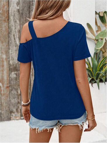 SweatyRocks Women's Glitter Sequin Cut Out Wrap Tee Shirt Short Sleeve Asymmetrical Neck Plain Tees in Saudi Arabia