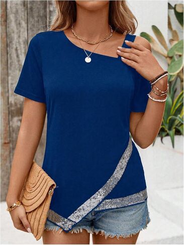 SweatyRocks Women's Glitter Sequin Cut Out Wrap Tee Shirt Short Sleeve Asymmetrical Neck Plain Tees in Saudi Arabia
