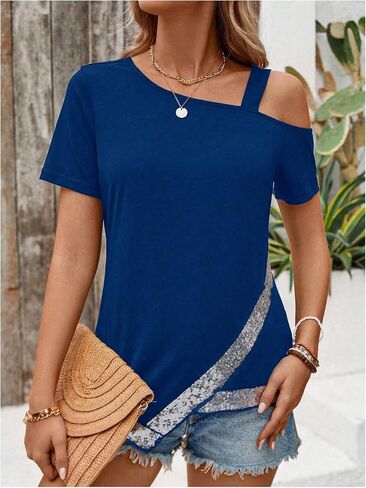 SweatyRocks Women's Glitter Sequin Cut Out Wrap Tee Shirt Short Sleeve Asymmetrical Neck Plain Tees in Saudi Arabia