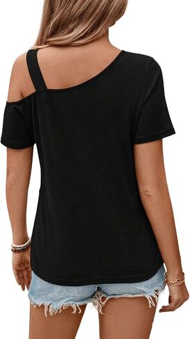 SweatyRocks Women's Glitter Sequin Cut Out Wrap Tee Shirt Short Sleeve Asymmetrical Neck Plain Tees in Saudi Arabia