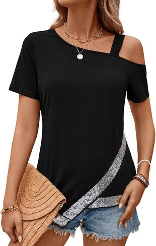 SweatyRocks Women's Glitter Sequin Cut Out Wrap Tee Shirt Short Sleeve Asymmetrical Neck Plain Tees in Saudi Arabia