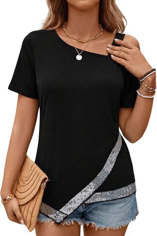 SweatyRocks Women's Glitter Sequin Cut Out Wrap Tee Shirt Short Sleeve Asymmetrical Neck Plain Tees in Saudi Arabia