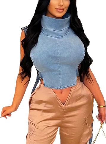 PAODIKUAI Women's Sleeveless Denim Crop Top Vest Y2K Sexy Summer Jean Vest Shirt Tank Tops Waistcoat Jacket in Kuwait