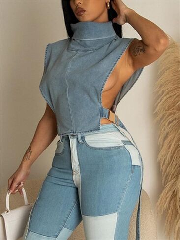 PAODIKUAI Women's Sleeveless Denim Crop Top Vest Y2K Sexy Summer Jean Vest Shirt Tank Tops Waistcoat Jacket in Kuwait