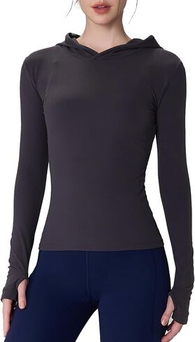 قمصان Altiland UPF 50+ زبدية ناعمة بأكمام طويلة للنساء، قمصان رياضية للتمرين والجري في الهواء الطلق مع غطاء رأس وفتحات للإبهام in Kuwait