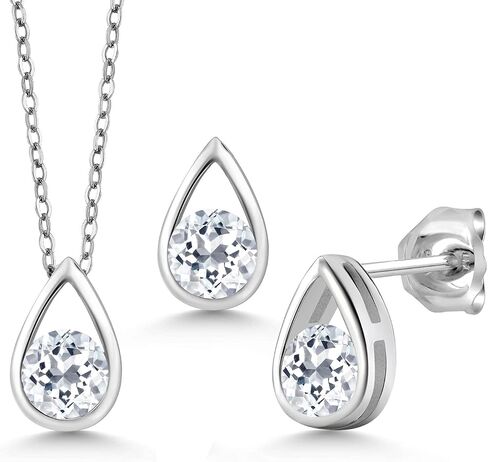 Gem Stone King 925 Sterling Silver 5MM Round Gemstone Birthstone Teardrop Pendant Earrings Set | Jewelry Set for Women | With 18 Inch Silver Chain in Saudi Arabia