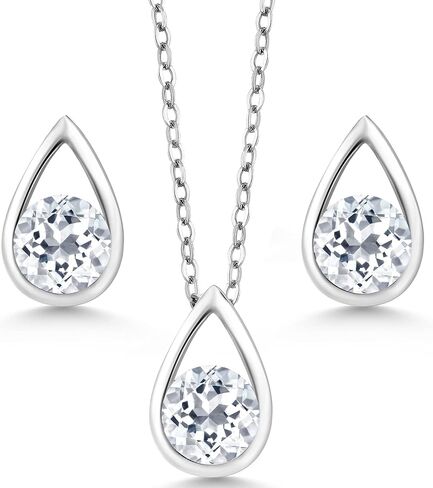 Gem Stone King 925 Sterling Silver 5MM Round Gemstone Birthstone Teardrop Pendant Earrings Set | Jewelry Set for Women | With 18 Inch Silver Chain in Saudi Arabia