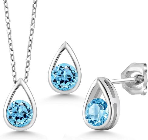 Gem Stone King 925 Sterling Silver 5MM Round Gemstone Birthstone Teardrop Pendant Earrings Set | Jewelry Set for Women | With 18 Inch Silver Chain in Saudi Arabia