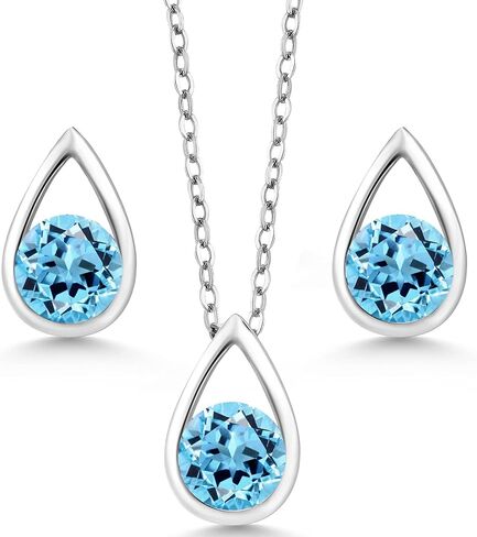Gem Stone King 925 Sterling Silver 5MM Round Gemstone Birthstone Teardrop Pendant Earrings Set | Jewelry Set for Women | With 18 Inch Silver Chain in Saudi Arabia