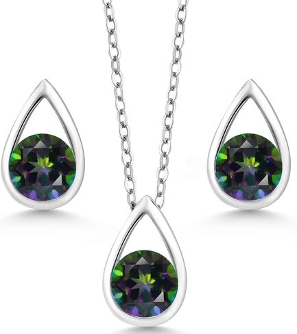 Gem Stone King 925 Sterling Silver 5MM Round Gemstone Birthstone Teardrop Pendant Earrings Set | Jewelry Set for Women | With 18 Inch Silver Chain in Saudi Arabia
