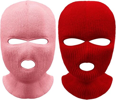 2 Pieces 3-Hole Ski Mask Winter Knitted Full Face Cover Warm Neck Mask Outdoor Cycling Windproof Cold Mask Balaclava Face Mask Halloween Mask,Ski Mask for Men and Women (Pink,Red) in Saudi Arabia