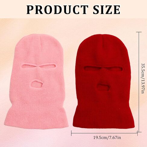 2 Pieces 3-Hole Ski Mask Winter Knitted Full Face Cover Warm Neck Mask Outdoor Cycling Windproof Cold Mask Balaclava Face Mask Halloween Mask,Ski Mask for Men and Women (Pink,Red) in Saudi Arabia