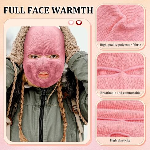 2 Pieces 3-Hole Ski Mask Winter Knitted Full Face Cover Warm Neck Mask Outdoor Cycling Windproof Cold Mask Balaclava Face Mask Halloween Mask,Ski Mask for Men and Women (Pink,Red) in Saudi Arabia