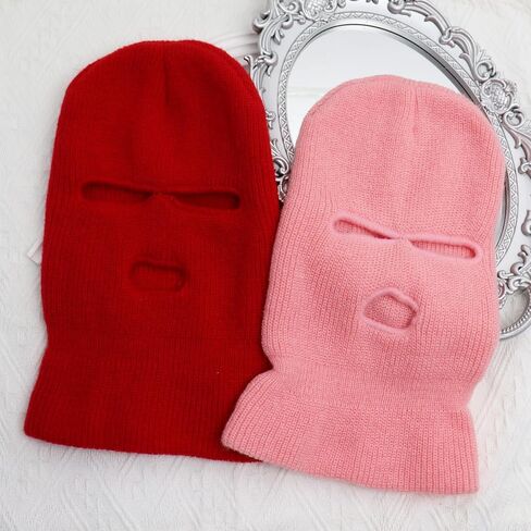 2 Pieces 3-Hole Ski Mask Winter Knitted Full Face Cover Warm Neck Mask Outdoor Cycling Windproof Cold Mask Balaclava Face Mask Halloween Mask,Ski Mask for Men and Women (Pink,Red) in Saudi Arabia