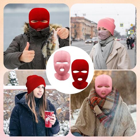 2 Pieces 3-Hole Ski Mask Winter Knitted Full Face Cover Warm Neck Mask Outdoor Cycling Windproof Cold Mask Balaclava Face Mask Halloween Mask,Ski Mask for Men and Women (Pink,Red) in Saudi Arabia