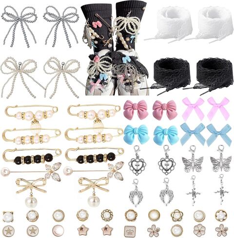 Junk Socks Charms for Sneakers Socks Safety for Sambas Y2k Pearl Bow Lace Shoelace Charms Set 38PCS in Kuwait