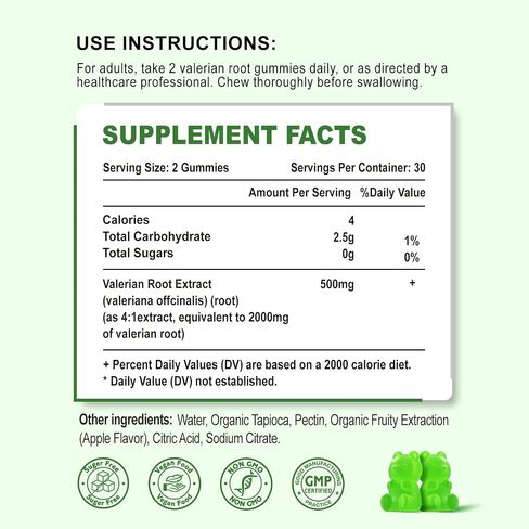 2 Pack Organic Valerian Root Gummies (2000mg/Serving), Herbal Supplement for Relaxation & Mood Support, Sleep Gummies Without Melatonin for Adults, Vegan, Non-GMO, Apple Flavor, 120 Count in Saudi Arabia