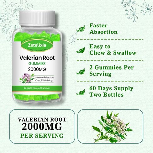 2 Pack Organic Valerian Root Gummies (2000mg/Serving), Herbal Supplement for Relaxation & Mood Support, Sleep Gummies Without Melatonin for Adults, Vegan, Non-GMO, Apple Flavor, 120 Count in Saudi Arabia