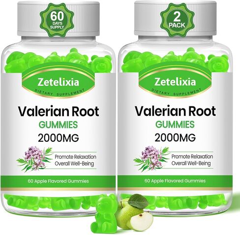 2 Pack Organic Valerian Root Gummies (2000mg/Serving), Herbal Supplement for Relaxation & Mood Support, Sleep Gummies Without Melatonin for Adults, Vegan, Non-GMO, Apple Flavor, 120 Count in Saudi Arabia