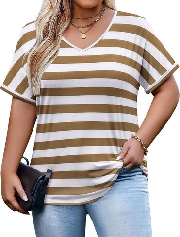 IN'VOLAND Plus Size Tops Short Sleeve Tee Shirt V Neck Loose Fit Striped Loose Casual T Shirt Summer Blouses in Kuwait