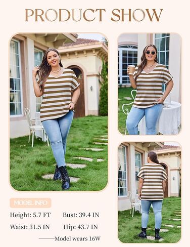 IN'VOLAND Plus Size Tops Short Sleeve Tee Shirt V Neck Loose Fit Striped Loose Casual T Shirt Summer Blouses in Kuwait