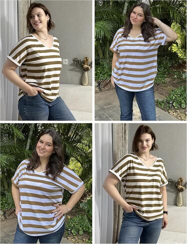 IN'VOLAND Plus Size Tops Short Sleeve Tee Shirt V Neck Loose Fit Striped Loose Casual T Shirt Summer Blouses in Kuwait