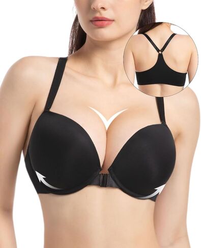 YANDW Racerback Push Up Padded Bras for Women Add 2 Cup Front Closure Back Smoothing T Back Plunge Underwire Bra in Kuwait