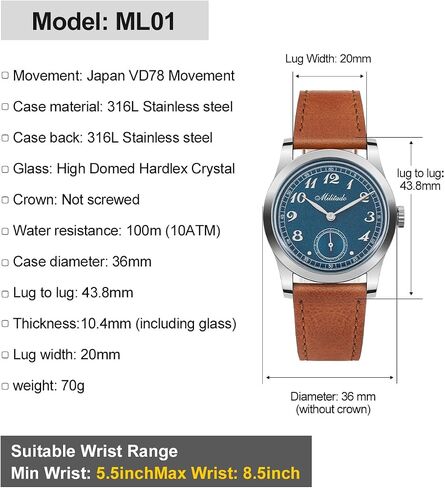 TACTICAL FROG Militado ML01 Watches for Men Analog VD78 Quartz 36mm Leather Watch Business Work Sport Casual Dress Men's Watches for Men,100m Waterproof in Saudi Arabia