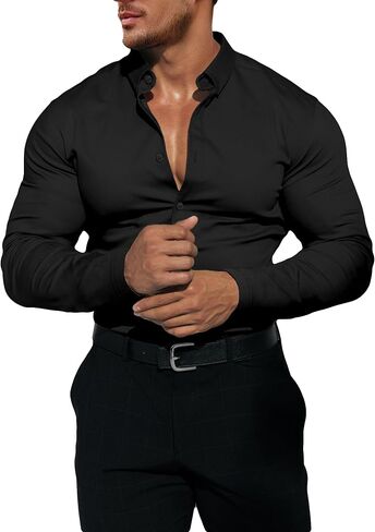 Men's Dress Shirt Slim Fit Button Down Shirt Long Sleeve No Cuff-Links Four Way Stretch Muscle Shirts for Men in Saudi Arabia