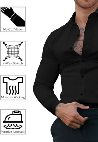 Men's Dress Shirt Slim Fit Button Down Shirt Long Sleeve No Cuff-Links Four Way Stretch Muscle Shirts for Men in Saudi Arabia