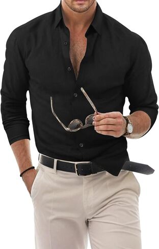 Men's Dress Shirt Slim Fit Button Down Shirt Long Sleeve No Cuff-Links Four Way Stretch Muscle Shirts for Men in Saudi Arabia