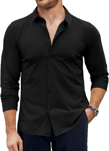 Men's Dress Shirt Slim Fit Button Down Shirt Long Sleeve No Cuff-Links Four Way Stretch Muscle Shirts for Men in Saudi Arabia