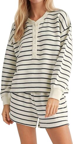 Women's Striped 2 Piece Lounge Set Casual Button Long Sleeve Sweatshirt Matching Loose Shorts Pajama Outfit in Kuwait