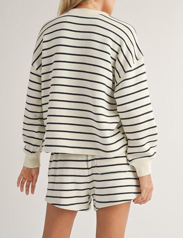 Women's Striped 2 Piece Lounge Set Casual Button Long Sleeve Sweatshirt Matching Loose Shorts Pajama Outfit in Kuwait