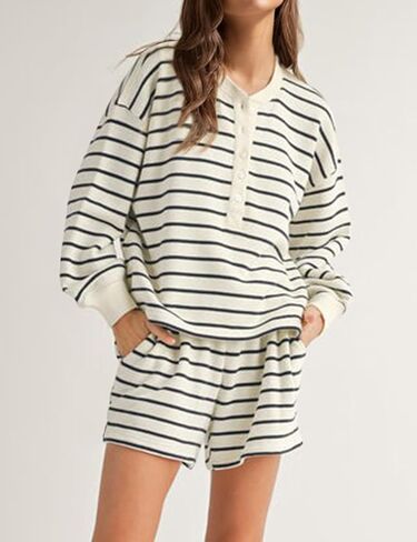 Women's Striped 2 Piece Lounge Set Casual Button Long Sleeve Sweatshirt Matching Loose Shorts Pajama Outfit in Kuwait