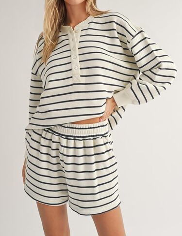 Women's Striped 2 Piece Lounge Set Casual Button Long Sleeve Sweatshirt Matching Loose Shorts Pajama Outfit in Kuwait