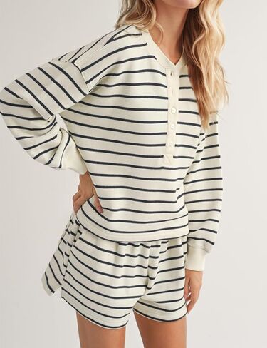 Women's Striped 2 Piece Lounge Set Casual Button Long Sleeve Sweatshirt Matching Loose Shorts Pajama Outfit in Kuwait