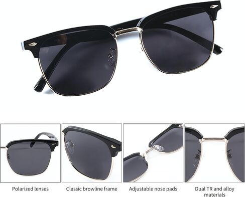 Classic Retro Browline Premium Polarized Sunglasses for Men and Women - Black Polarized Lens with Black Frame and Gold Trim with Premium Travel Case - UV Protection in Saudi Arabia