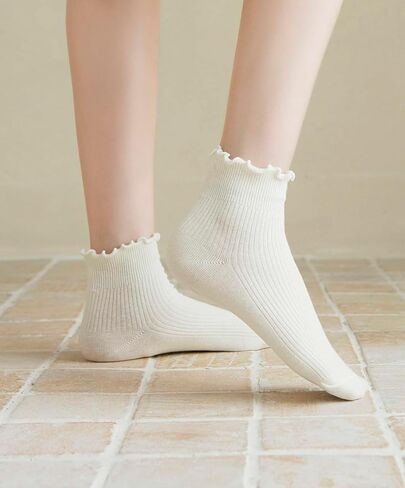 Women Ruffle Socks Casual Ankle Cute Turn-Cuff Socks Soft Knit Cotton Lettuce Frilly Socks 6 Pack in Saudi Arabia
