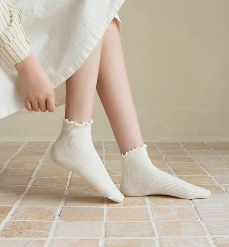 Women Ruffle Socks Casual Ankle Cute Turn-Cuff Socks Soft Knit Cotton Lettuce Frilly Socks 6 Pack in Saudi Arabia