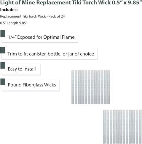 Light of Mine | Fiberglass Replacement Tiki Torch Wick | 0.5" Length 9.85" | Long Lasting | Perfect for Outdoor Tiki Torch |Wine Bottles | Lanterns | Citronella Oil Lamps (12) in Kuwait