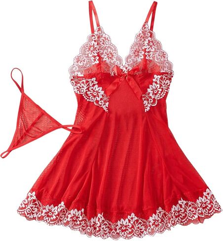 OYOANGLE Women's 2 Piece Babydoll Outfits Lace Sheer Bowknot Chemise Nightgown with Thongs in Saudi Arabia