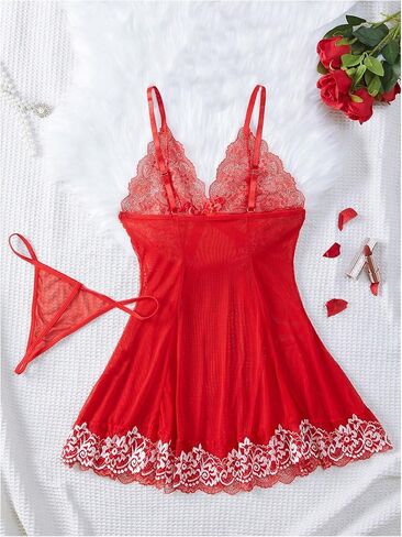 OYOANGLE Women's 2 Piece Babydoll Outfits Lace Sheer Bowknot Chemise Nightgown with Thongs in Saudi Arabia